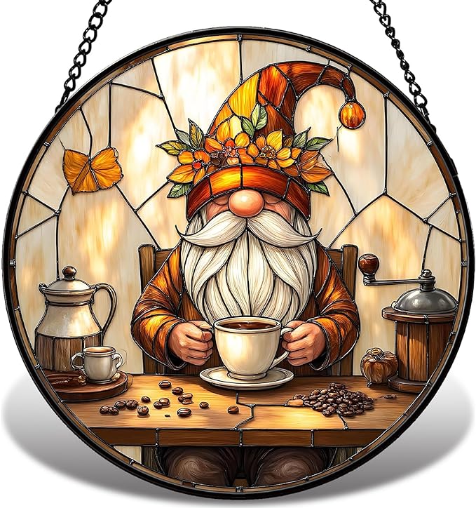 Stained Glass Window Hanging, Coffee Gnome Sun Catcher for Indoor Window Decoration, Stained Glass Coffee Nook/Corner Decor Gift for Women and Men G48 (6.3'')