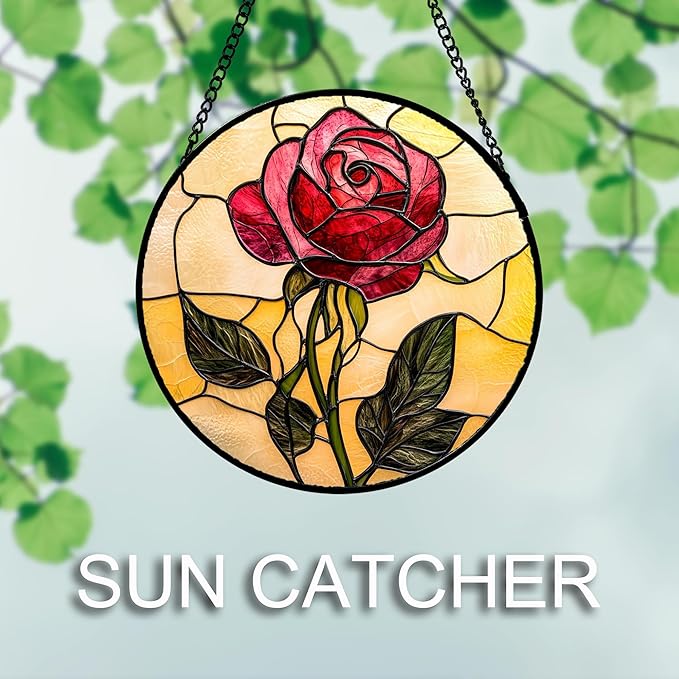 Stained Glass Window Hanging 4 Pcs Set Lily Rose Sunflower Poppy Large 15" - Flower Suncatcher Door Garden Sun Catcher Decor Birthday Mother's Day for Wife Woman Nana Girl