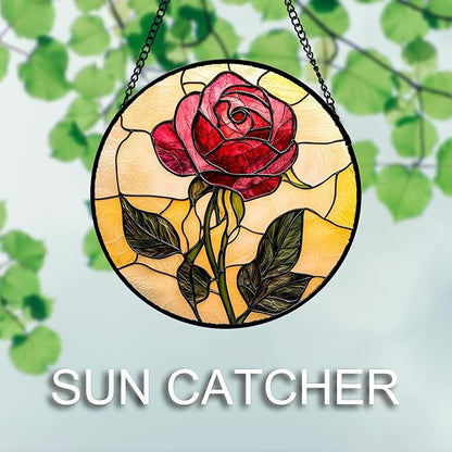 Stained Glass Window Hanging 4 Pcs Set Lily Rose Sunflower Poppy Large 15" - Flower Suncatcher Door Garden Sun Catcher Decor Birthday Mother's Day for Wife Woman Nana Girl