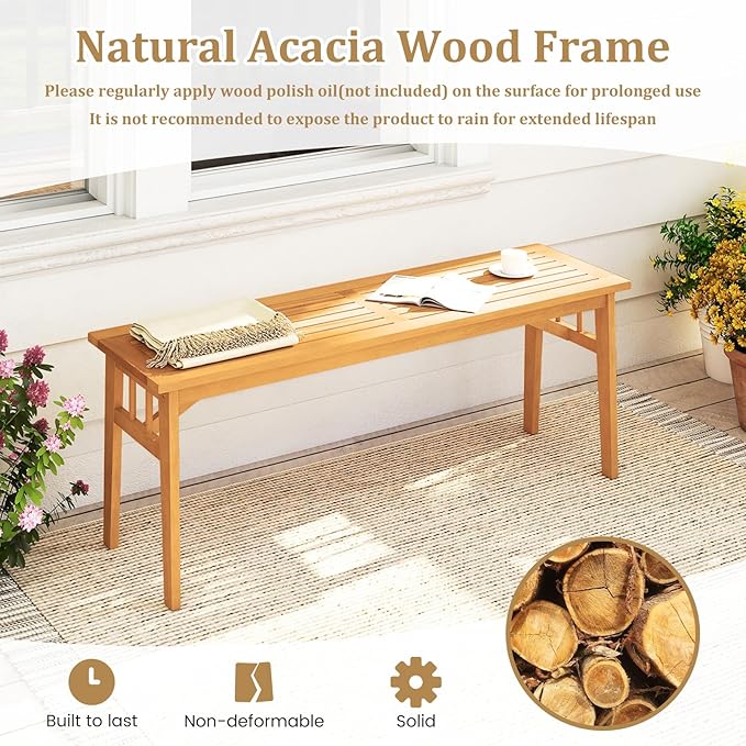 Tangkula Outdoor Acacia Wood Bench, 48” Patio Dining Bench with Slatted Seat, Backless Wooden Entryway Bench, Farmhouse Indoor Outdoor Furniture for Garden, Poolside, Park & Deck
