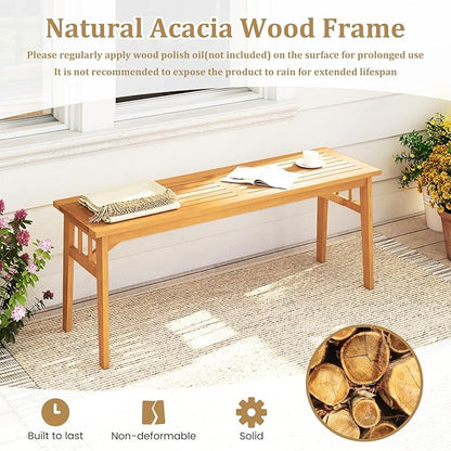 Tangkula Outdoor Acacia Wood Bench, 48” Patio Dining Bench with Slatted Seat, Backless Wooden Entryway Bench, Farmhouse Indoor Outdoor Furniture for Garden, Poolside, Park & Deck