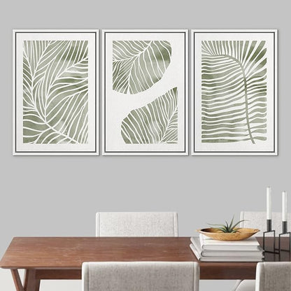 Ashbrook Framed Canvas Print Wall Art Set Abstract Jungle Green Pastel Plants Nature Wilderness Illustrations Modern Art Rustic Chic Colorful for Living Room, Bedroom, Office - 16"x24"x3 White
