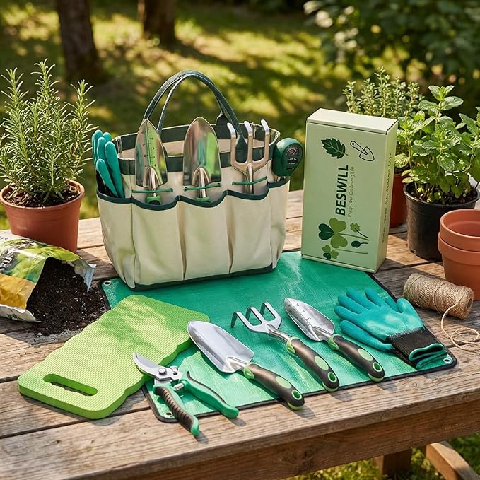 10 Piece Heavy-Duty Gardening Tools Set with Tote Bag - Rust-Proof Aluminum Gardening Hand Tools with Ergonomic Non-Slip Rubber Grips - Gardening Supplies Set Ideal Gift for Men & Women