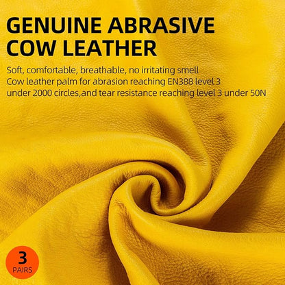 Vgo... 3-Pairs Unlined Cow Grain Leather Work and Driver Gloves with Cow Split Leather Palm Patch (Size XL, Gold,CA9590)