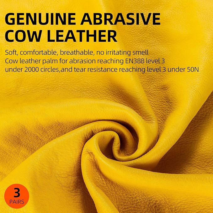 Vgo... 3-Pairs Unlined Cow Grain Leather Work and Driver Gloves with Cow Split Leather Palm Patch (Size M, Gold,CA9590)