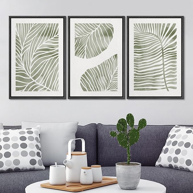 Ashbrook Framed Canvas Print Wall Art Set Abstract Jungle Green Pastel Plants Nature Wilderness Illustrations Modern Art Rustic Chic Colorful for Living Room, Bedroom, Office - 16"x24"x3 Black