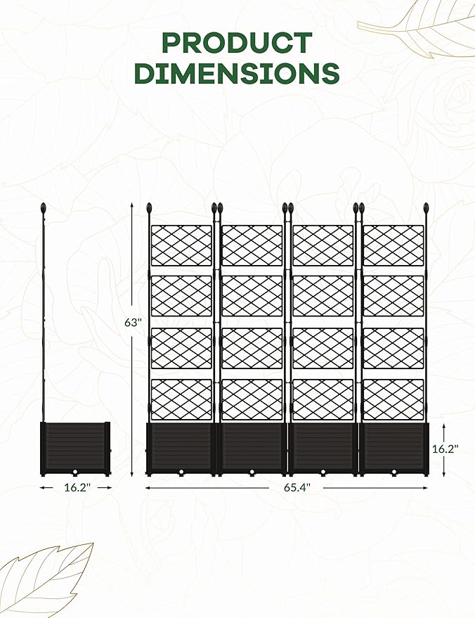4 PCS Raised Garden Bed with Trellis, 66 in W x 63"Tall Plastic Planter Box for Climbing Plants, Outdoor Vertical Garden with Privacy Screen for Patio, Balcony, Backyard – Sturdy & Lightweight