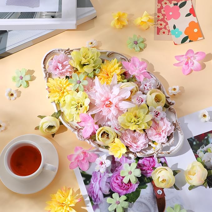 80 Pcs Assorted Fake Flower Heads Mini Artificial Flower Heads Bulk Silk Faux Daisy for Crafts Fake Peony Rose for Wedding Party Wreath Home Decoration (Pink, Green, Yellow)