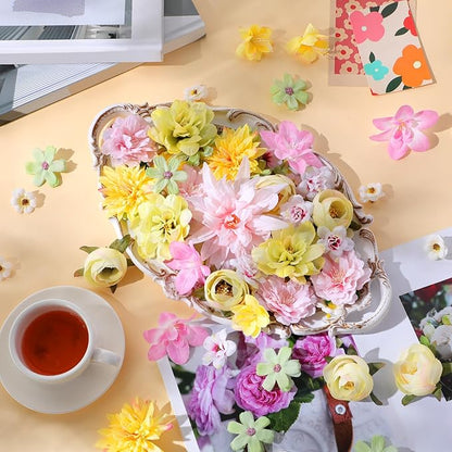 80 Pcs Assorted Fake Flower Heads Mini Artificial Flower Heads Bulk Silk Faux Daisy for Crafts Fake Peony Rose for Wedding Party Wreath Home Decoration (Pink, Green, Yellow)