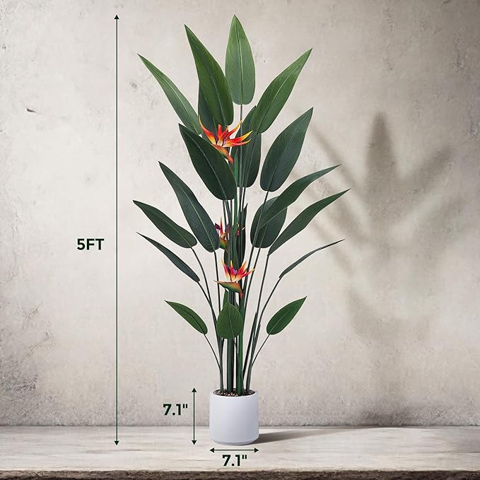 Artificial Bird of Paradise Plant 60in(5Ft) Tall Fake Banana Leaf Plant for Indoors and Outdoors, Artificial Flowers, Faux Palm Tree with Plastic Pot for Office and Home Decor