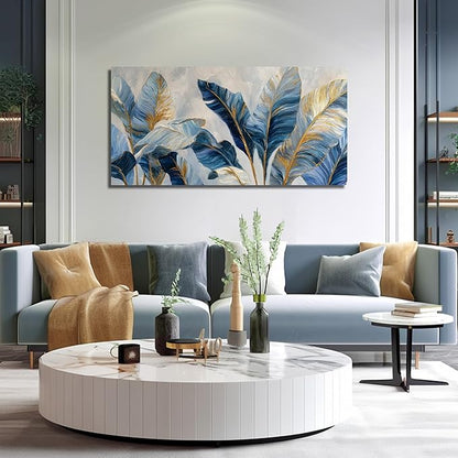 JuhaiArt White Banana Leaf Prints Bedroom Blue Canvas Art Botanical Gold Wall Artwork for Living Room Office 29" x 59"