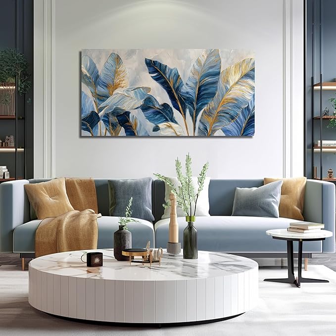 JuhaiArt Gold Banana Leaf Canvas Art for Living Room Bedroom Blue Botanical Picture White Wall Decor 24" x 48"