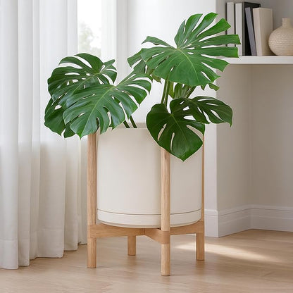 D'vine Dev Ceramic Planter with Natural Stand - 14 Inch Modern Round Flower Pot with Wood Planter Holder, Oatmeal, 55-B-R-8