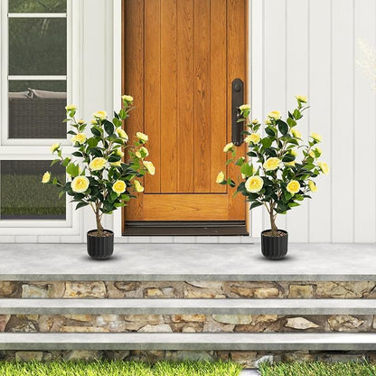 Goplus 38’’ Artificial Camellia Tree, 2 Pack Flower Plants Artificial Tree, Faux Floral Plant Blooming Tree in Cement Pot, Greenery Potted Plant for Indoor Outdoor Office Home Porch Decor
