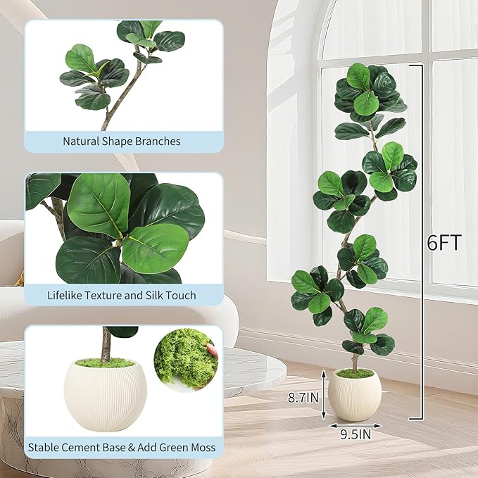 6ft Artificial Fiddle Leaf Fig Tree, Tall Fake Plants with White Planters, Artificial Plants Indoor with Realistic Moss for Home Decor Office Living Room