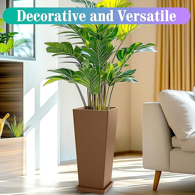 24 Inch Tall Tapered Square Planters (Set of 2) - Indoor Outdoor Large Flower Pots with Built-in Drainage & Matching Water Tray for Patio, Garden, Home - Brown
