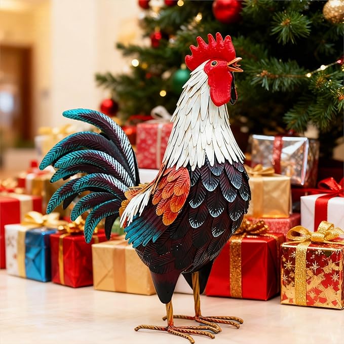 chisheen Metal Rooster Decor,Yard Chicken Decorations,Outdoor Garden Statues, Metal Chicken Sculpture for Backyard Patio Kitchen Decor & Lawn Ornaments