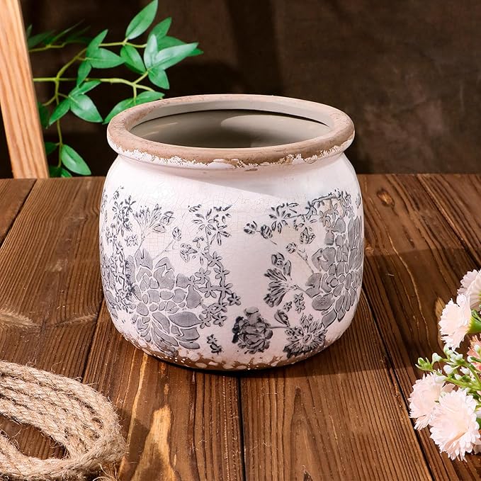 Vintage Grey Ceramic Ice Crack Flower Pot with Drainage Holes, Country Rustic Planters for Indoor and Outdoor,Tuscan Decor,Home,Living Room, Garden Decor, Gardening Gift