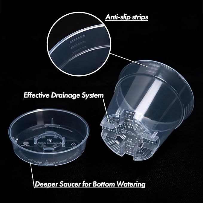 4 Inch Clear Plastic Plant Pot with Drainage Holes, Interlocking & Detachable Tray - Deep Saucer - Durable BPA-Free Plastic, Transparent Design, Raised Base for Airflow, Set of 6, 92-X-A-2