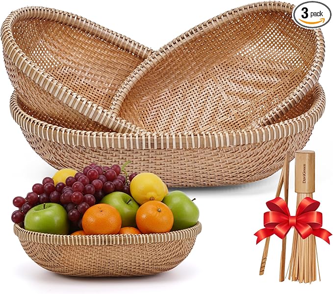 Set of 3 Handwoven Bamboo & Rattan Baskets – Woven Bread Basket & Fruit Bowl for Kitchen Counter, Decorative Wicker Tray for Serving Snacks, Pastries & Table Centerpiece