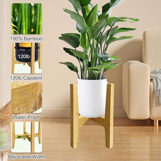 Adjustable Plant Stand Indoor Bamboo Mid Century Modern Plants Stand Corner Plants Flower Holders Single Floor Plant Stands- 8.2-11.8 in (Pot & Plant Not Included) (Bamboo, （8.2-11.8in）)