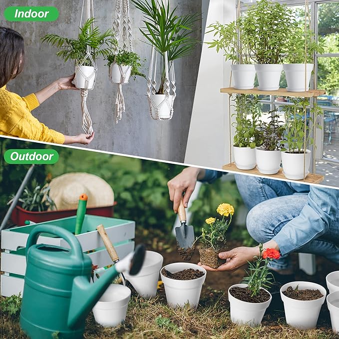 7 Pack Mix Size Plastic Plant Pots, 6.2/5.4/4.8/4.5/4 inch Indoor Planters with Drainage Holes and Tray, Thickened Plastic Flowers Pots for Plants, Succulents, Snake Plant and Cactus, White