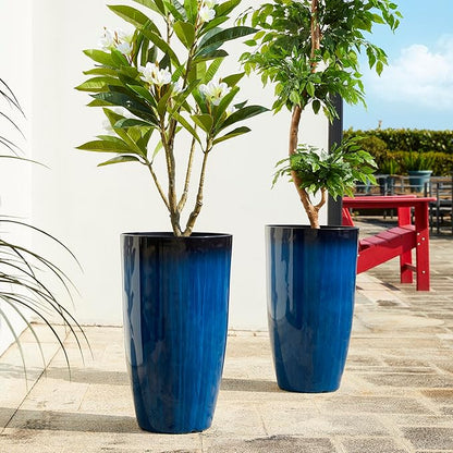 Glitzhome 23.5" H Oversized Tall Round Tapered Planter, Set of 2 Large Gradient Cobalt Blue Faux Ceramic Tall Planters Pots, Plastic Flower Pots with Drainage Holes for Front Porch Patio Garden Deck