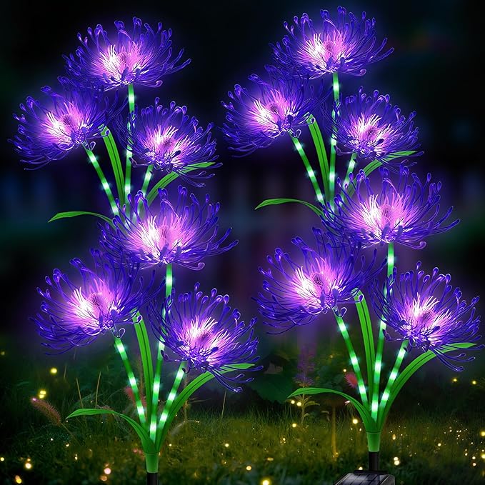 Solar Garden Flower Lights Outdoor,4 Pack 12-Head Purple Spider Lily Waterproof with Glowing Stems,Elegant Yard,Patio & Law Decor,Ideal Halloween & Gardening Gifts for Women,Mothers & Grandma