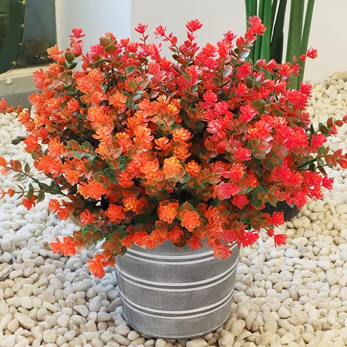 Artificial Flowers for Outdoors, Faux Flowers for Outdoor planters, 12 Bundles Fake Flowers UV-Anti for Decoration, Outdoor Faux Plants, Orange+Red