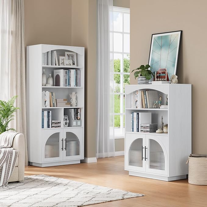 46" Bookshelf with Doors, White Bookcase with Glass Door, 3 Tier Small Bookshelf w/Deep Storage Cabinet and Adjustable Shelves, Wood Standing Mid Century Book Shelf for Home Office Kitchen