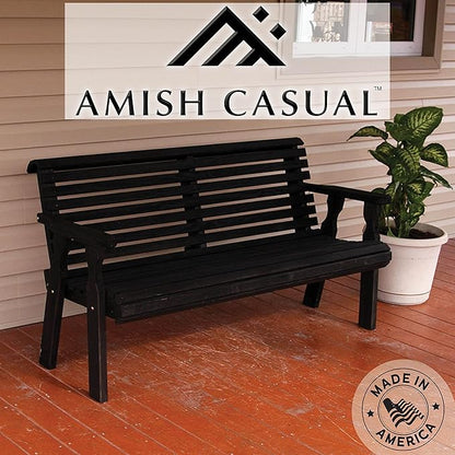 Amish Casual Heavy Duty 5 Foot Roll Back Outdoor Bench in Black Stain - Amish Made in The USA from Treated Pine for Outdoor Durability, 700 Lb Weight Capacity