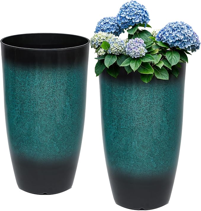 24" Tall Planters Set of 2, High-Density PP Ceramic-Look Outdoor Pots for Plants, Versatile Indoor/Outdoor Flower Pots w/Drainage Hole for Patio Garden Porch & Living Room Decor, Ideal Gift