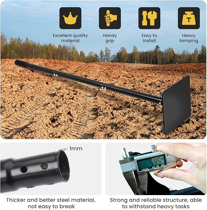 Ground Tamper Tool, 8"X8" Steel Tamper, Heavy Duty Hand Soil Tamper Tool with 48 Inch Handle for Leveling Soil, Installing Paving Stones, Gravel, Asphalt, Sand, and Repairing Pavement