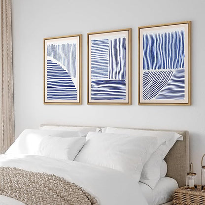 Ashbrook Framed Wall Art Print Set Navy Blue Geometric Color Block Lines Abstract Shapes Illustrations Modern Art Boho Scenic Colorful Chic for Living Room, Bedroom, Office - 24"x36"x3 Natural