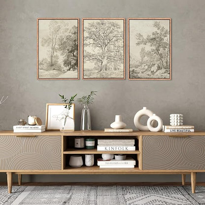 Ausril Vintage Sketchbook Forest Framed Canvas Wall Art Set, Neutral Minimalist Tree Wall Decor, Wilderness Illustration Wall Painting, Retro Botanical Art Print Living Room, Bedroom, Office-36"x24"x3