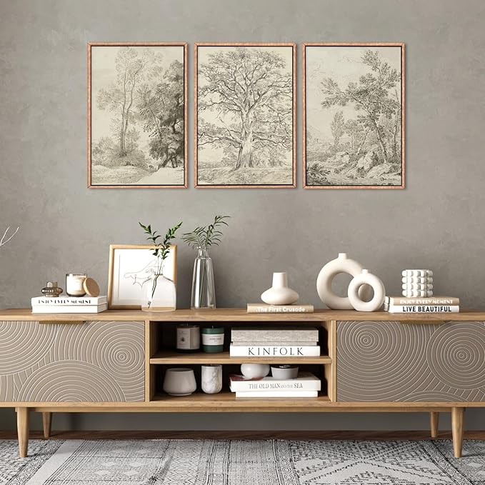 Ausril Large Vintage Sketchbook Framed Canvas Wall Art Set, Minimalist Tree Sketch Wall Decor, Neutral Botanical Wall Painting, Boho Nature Landscape Art Print Living Room, Bedroom, Office 16"x24"x3