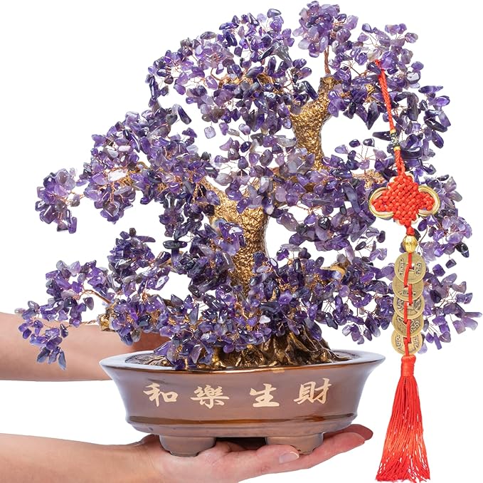 Natural Large Amethyst Tree,14"Amethyst Crystal Bonsai Tree(1251 Gemstone Count) Chakra Tree with Healing Properties Crystal Feng Shui Money Tree of Life for Positive Energy Good Luck Wealth