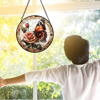 Stained Glass Window Hanging, Butterfly Picking Flowers Suncatcher for Doors Home Sun Catchers Decoration and Christmas, Mother's Day Birthday Gifts for Women, Men, and Mom 7.8 in