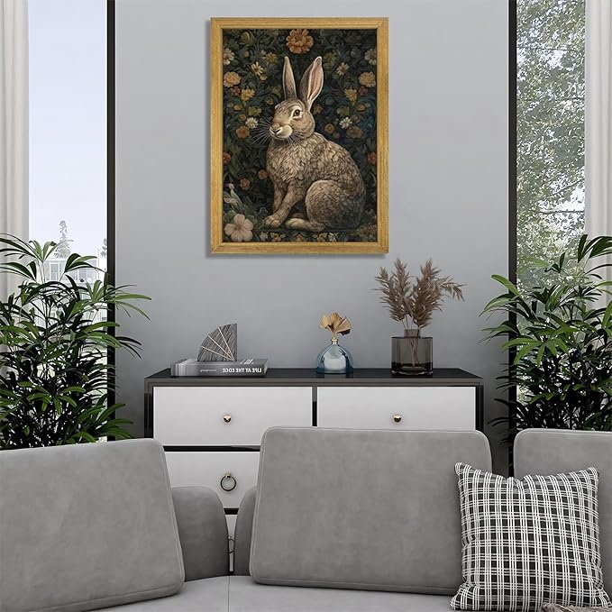 SAMHOU Framed 3D Textured Wall Art, Vintage Sandstone Hand Drawn Rabbit Wall Decor, Easter Cute Bunny Decor Painting, Nature Animal Flowers Pictures for Bathroom Living Room Bedroom Office 12x16 inch
