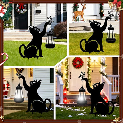 Christmas Black Cat Solar Lights Outdoor - Cat Lover Gifts for Mom Woman Grandma,Garden Stake with Butterfly Decorative Metal Housewarming Ornament for Yard Pathway Lawn Patio