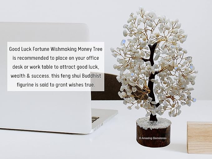 Rainbow Moonstone Natural Healing Premium Crystal Bonsai Feng Shui Fortune Money Tree of Life for Home Office Decor (Gift Box Ready,10-12 Inch)