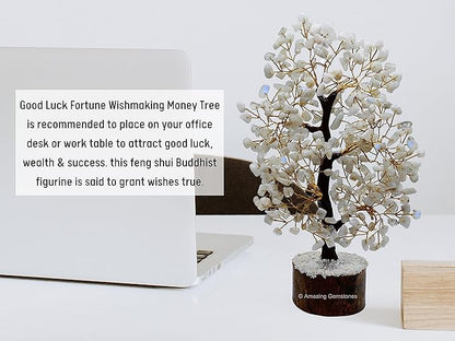 Rainbow Moonstone Natural Healing Premium Crystal Bonsai Feng Shui Fortune Money Tree of Life for Home Office Decor (Gift Box Ready,10-12 Inch)