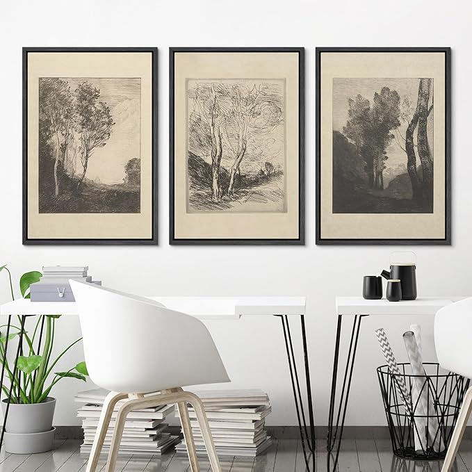 Ashbrook Framed Canvas Print Wall Art Set Fine Art Country Farmhouse Decor Landscapes Duotone Nature Wilderness Illustrations Floral Botanical Calm/Relax/Cozy for Bedroom - 24"x36"x3 BLACK