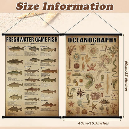Geosar 2 Pcs Vintage Ocean Fish Poster Marine Life Wall Decor Rustic Ocean Knowledge Picture Prints Wall Art Illustrative Reference Chart Poster for Home Office Classroom Bedroom Decor,15.7 x 23.6''
