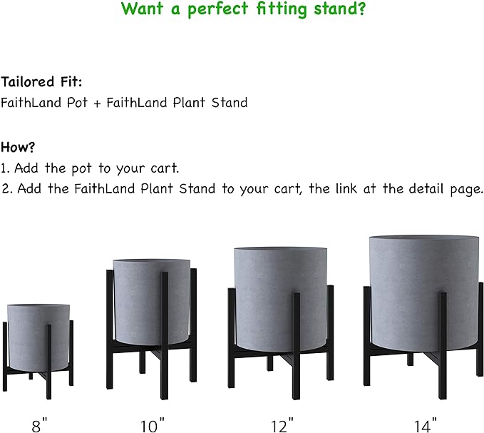 FaithLand Plant Pot 10 inch - Perfectly Fits Mid-Century Modern Plant Stand - Drainage Plug and Drainage Mesh Screen - Gray Planter Pot