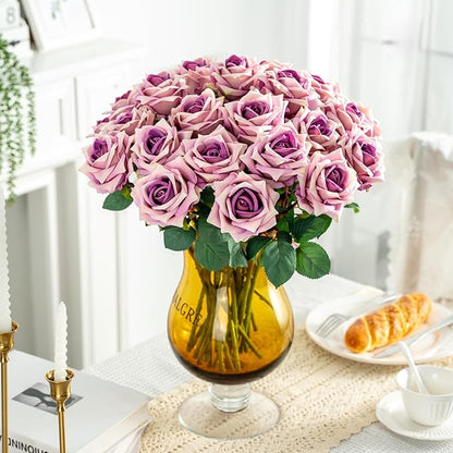 Fake Roses Faux Flowers Silk Roses Artificial Roses with Stems Realistic Artificial Flowers 24PCS Suitable for Indoor Home Decoration DIY Bouquet Wedding Decor Party Decor (Purple) 16.5In