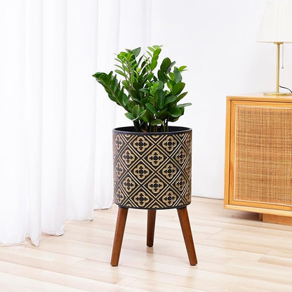 nacltlo12 Inch Plant with Stand Planter for Indoor Plants Large Modern Mid-Century Plant Pots Indoor Outdoor with Drainage for Home Garden Patio,Black and Gold