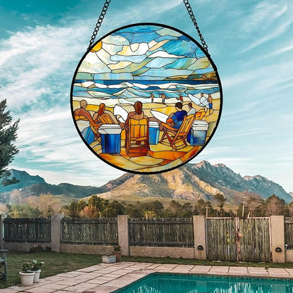 Stained Glass Window Hanging 4 Pcs Set Blue Ocean Surfing Beach 9.8" - Suncatcher Door Garden Sun Catcher Decor Birthday Mother's Day for Firefighte Men Woman Nana Mom