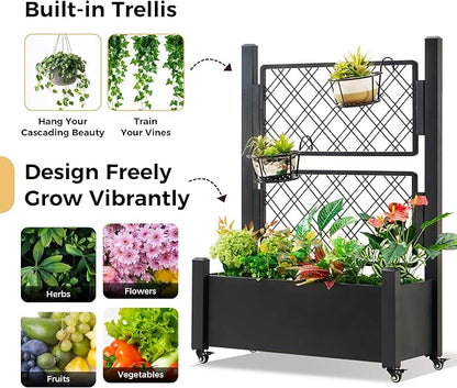 Metal Planter Box with Trellis and Wheels, 50" Hx38 Wx14 D Large Outdoor Garden Planter for Climbing Plants, Vegetables & Vines, Includes Drainage Holes and Privacy Screen, Black