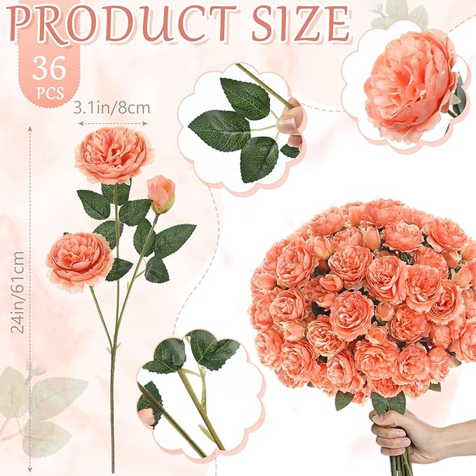 36 Bundles Artificial Flowers Peonies Roses Fake Bouquet for Wedding Bridal Shower Valentine's Day Decorations Fake Floral Arrangements Table Centerpieces Home Decor(Peach)